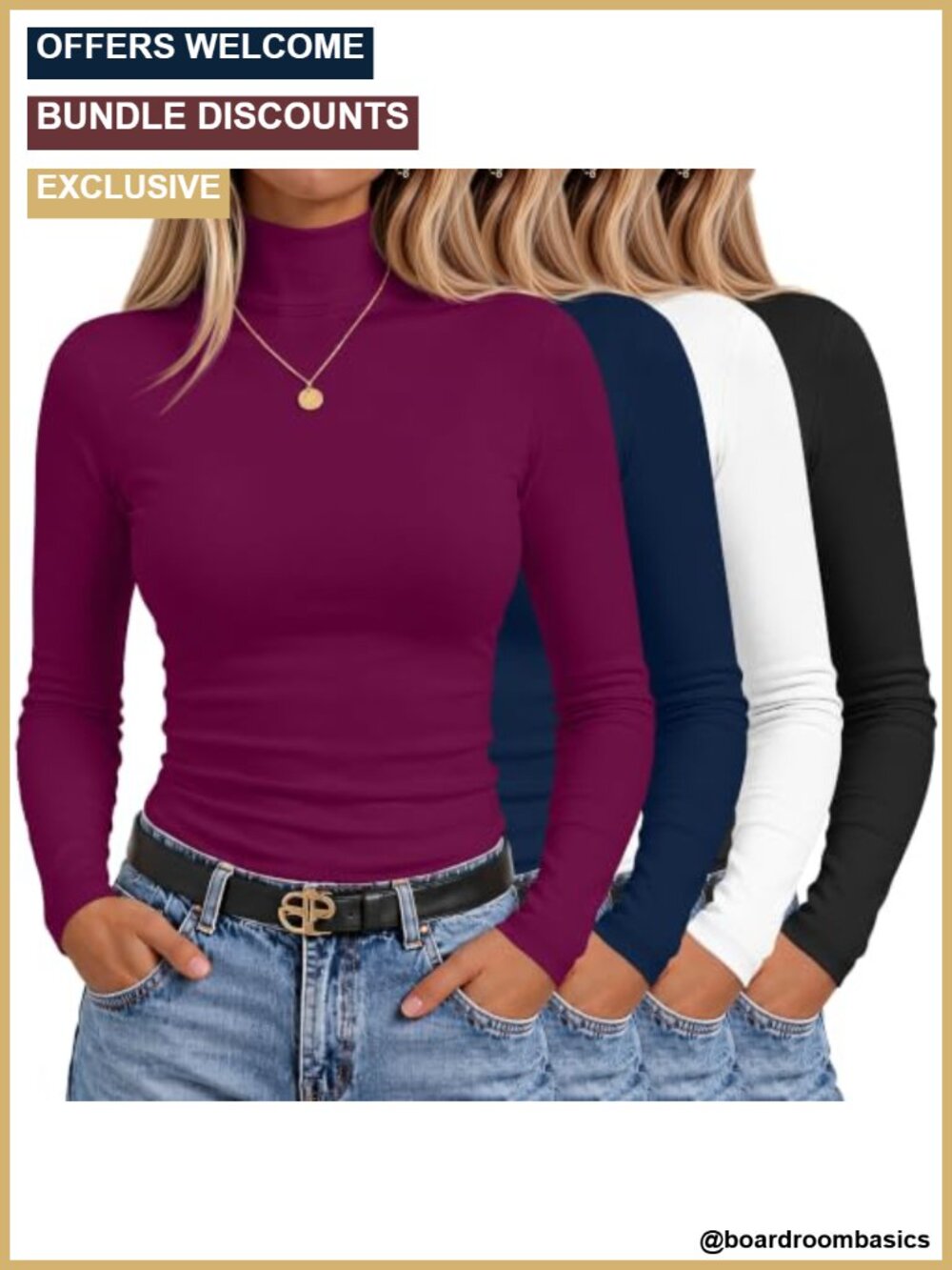 Women's Turtleneck Long Sleeve Slim Fit Tops 4 Pack Stretch